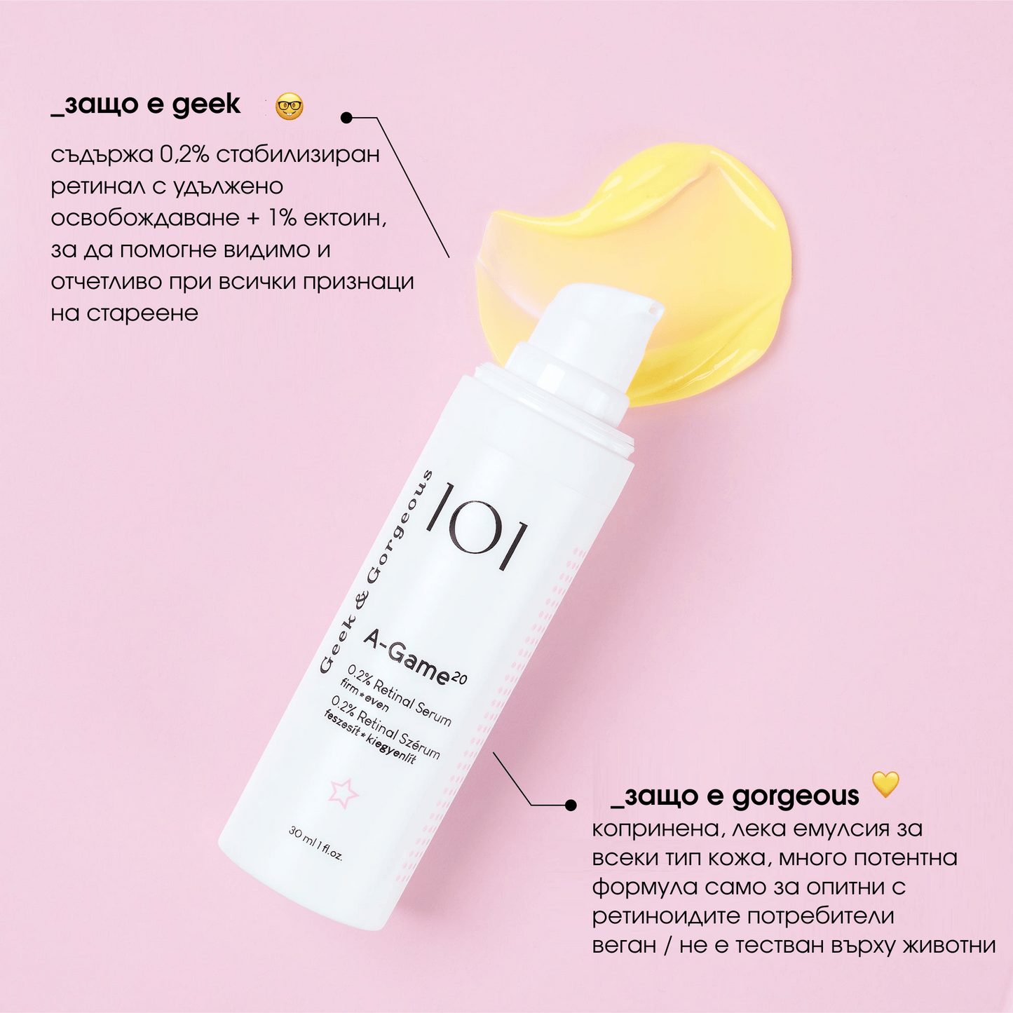 A-Game 20 мощен ретиналов серум  - чиста и безопасна формула за изравняване на тена, намаляване на бръчки и несъвършенства